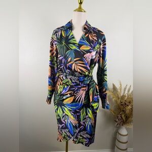 NWT MILLY Jordan Black Multicolor Tropical Palm Print Wrap Dress Size 2 $395